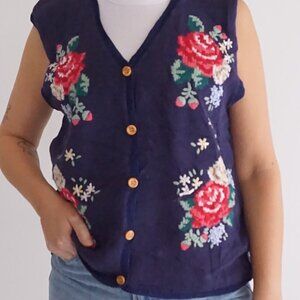 Vintage Jantzen Navy Knit Embroidered By Hand Floral Button Up Sweater Vest M